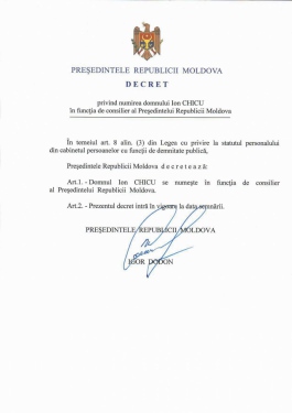 Igor Dodon assignment Ion Chicu to a position of Counselor of the President of the Republic of Moldova