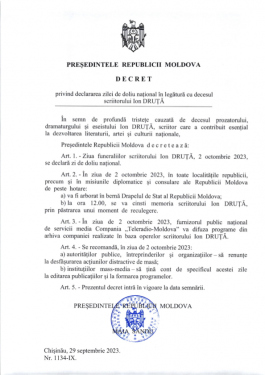 Ziua de 2 octombrie - declarată zi de doliu național, în legătură cu funeraliile scriitorului Ion Druță