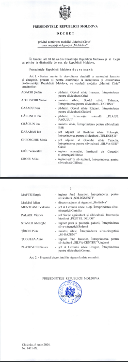 De Ziua Internațională a Mediului șefa statului a accentuat necesitatea împăduririi și a oferit mai multor angajați ai Agenției „Moldsilva” și întreprinderilor silvice medalia „Meritul Civic” 